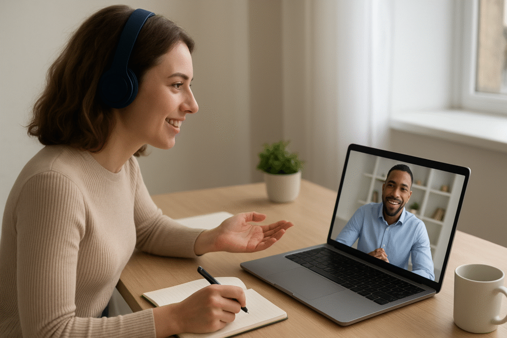 “Online interview preparation session with a trainer helping a learner improve English communication and confidence.”